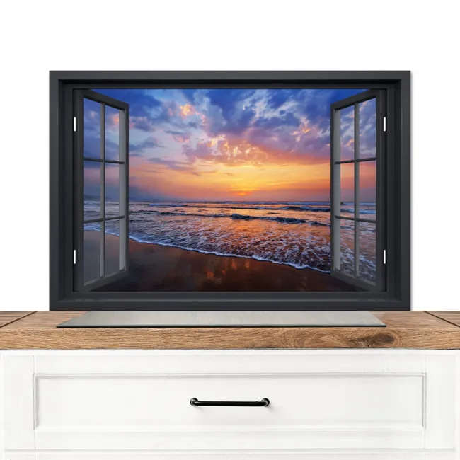 Zonsondergang aan Zee Gezichtspunt Spatscherm Aluminium middel -3d_zonderpan