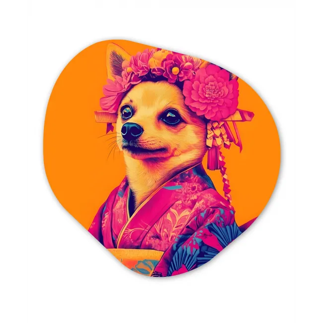 Kimono - Hondje - Bloemenkroon - Oranje Wandcirkel Organisch Forex 3mm middel -3d
