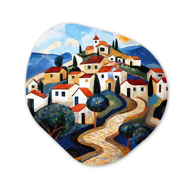 Dorp - Heuvelachtig - Zon - Mozaïek Wandcirkel Organisch Forex 3mm middel -3d