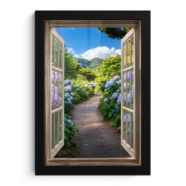 Doorkijk - Hortensia - Pad - Natuur fotolijst zwart zonder passe partout klein -3d
