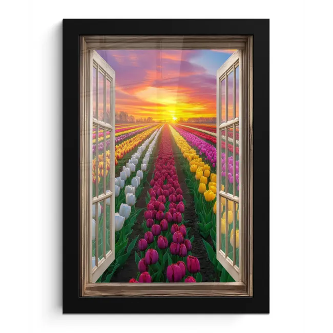 Doorkijk - Bloemen - Tulpen - Kleurrijk - Zonsondergang fotolijst zwart zonder passe partout klein -3d