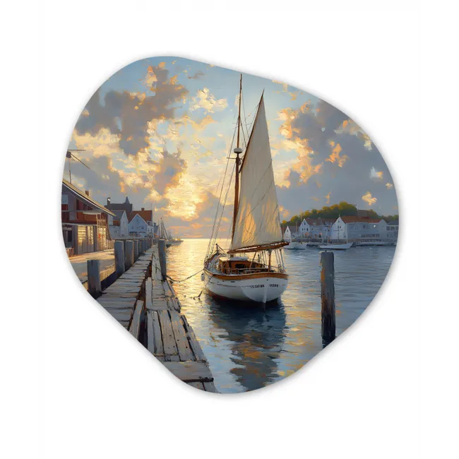 Zeilboot - Zon - Pier - Hout Wandcirkel Organisch Forex 3mm klein -3d