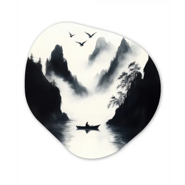 Roeiboot - Mistig - Bergen - Vogels Wandcirkel Organisch Forex 3mm klein -3d