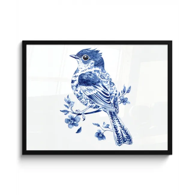 Vogel - Delfts blauw - Illustratie - Bloemen fotolijst zwart zonder passe partout middel -3d