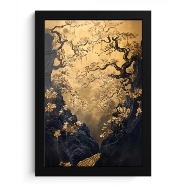 Bloemen - Takken - Goud - Sierlijk fotolijst zwart zonder passe partout klein -3d