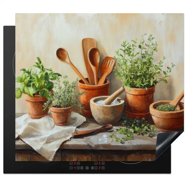 Herdabdeckplatte - Töpfe - Kräuter - Holz