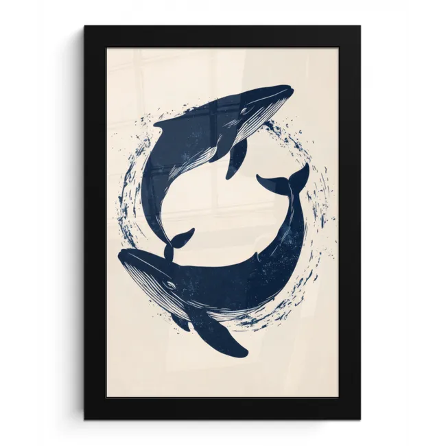 Walvissen - Spetters - Cirkel - Donkerblauw fotolijst zwart zonder passe partout klein -3d