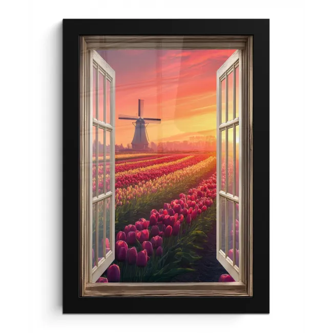 Doorkijk - Tulpen - Zonsondergang - Bloemen - Kleurrijk fotolijst zwart zonder passe partout klein -3d