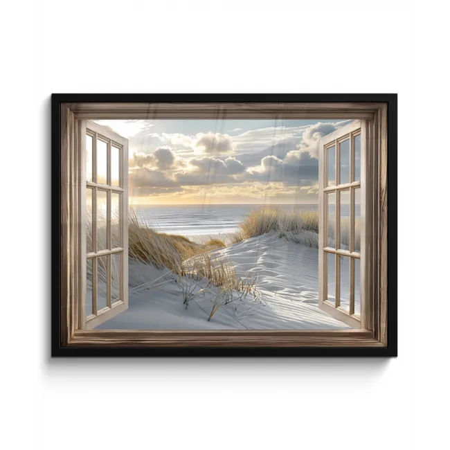 Doorkijk - Strand - Duinen - Zee - Natuur fotolijst zwart zonder passe partout middel -3d