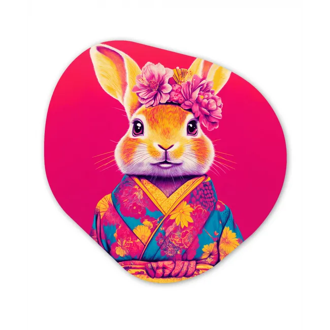 Konijn - Bloemen - Kleurrijk - Kimono Wandcirkel Organisch Forex 3mm middel -3d