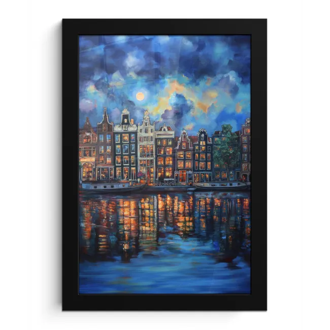 Grachten Amsterdam - Huizen - Stad - Kleurrijk fotolijst zwart zonder passe partout klein -3d