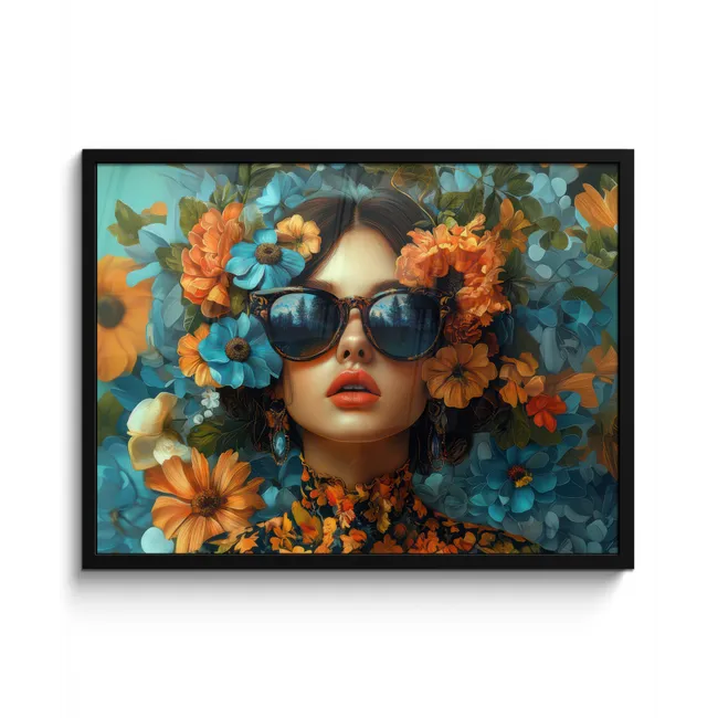 Vrouw - Bloemen - Oranje - Blauw - Modern fotolijst zwart zonder passe partout middel -3d