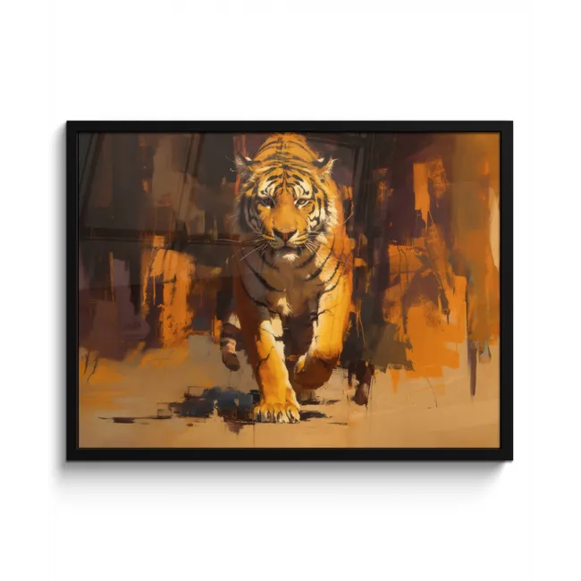 Tijger - Geschilderd - Oranje - Penseelstreken fotolijst zwart zonder passe partout middel -3d
