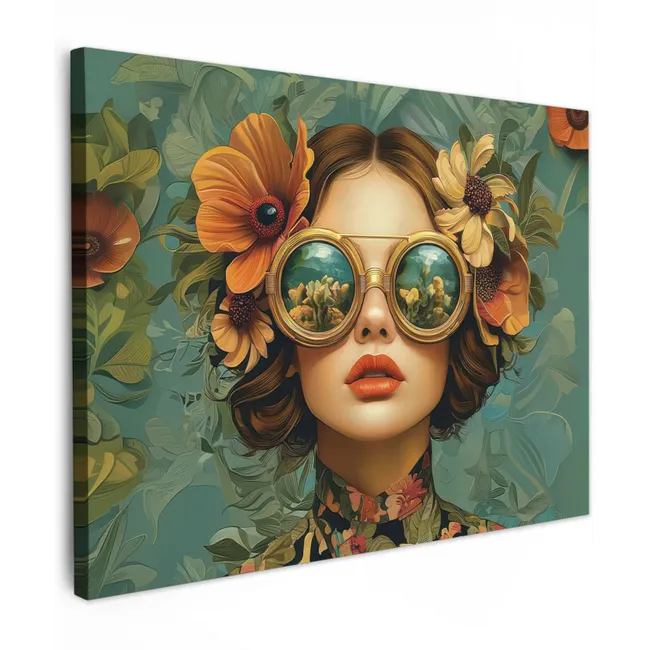 Leinwandbild - Frau - Blumen - Schmetterlinge - Natur - Vintage