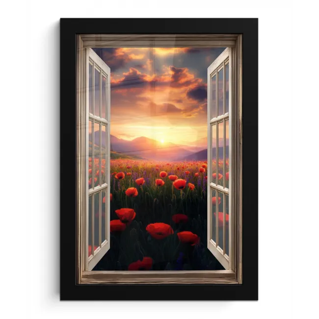 Doorkijk - Klaprozen - Bloemen - Rood - Open raam fotolijst zwart zonder passe partout klein -3d