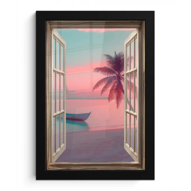 Doorkijk - Strand - Palmboom - Tropisch fotolijst zwart zonder passe partout klein -3d