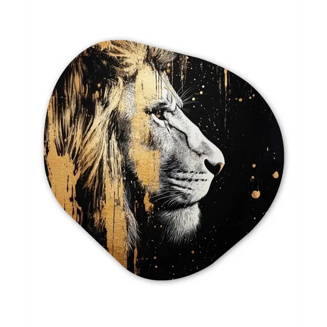 Portret - Leeuw - Abstract - Goud Wandcirkel Organisch Forex 3mm klein -3d