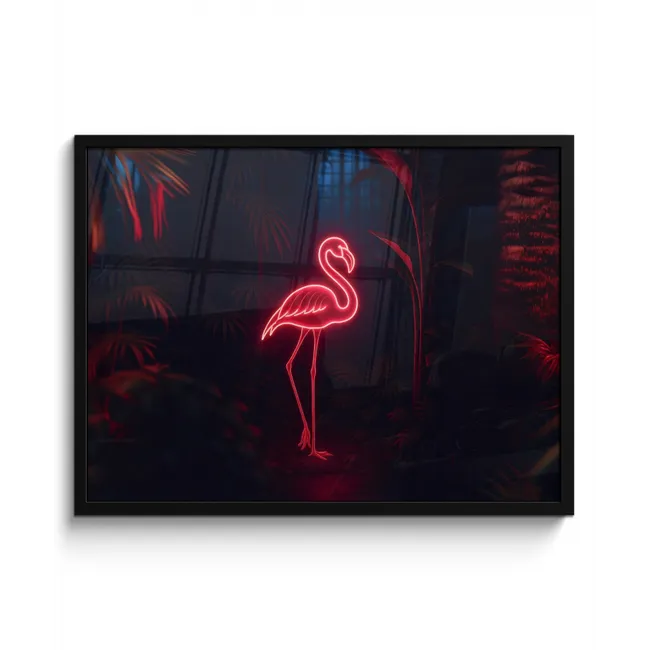 Flamingo - Roze - Neon - Licht fotolijst zwart zonder passe partout middel -3d