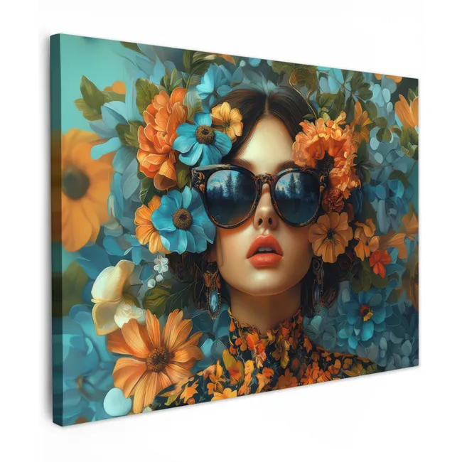 Leinwandbild - Frau - Blumen - Orange - Blau - Modern