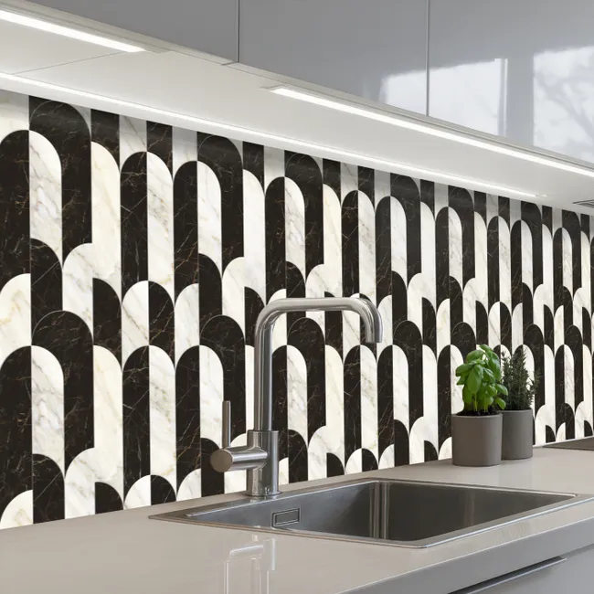 Küchenrückwand - Bögen - Kacheln - Marmor - Schwarz - Weiß