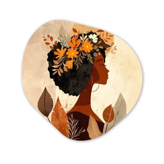 Vrouw - Krullen - Bloemen - Beige Wandcirkel Organisch Forex 3mm klein -3d