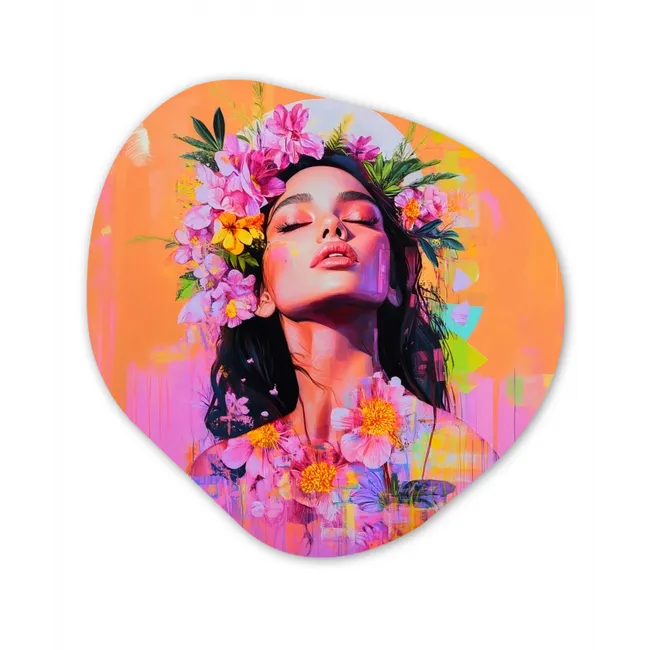 Portret - Bloemenkroon - Vrouw Wandcirkel Organisch Forex 3mm middel -3d