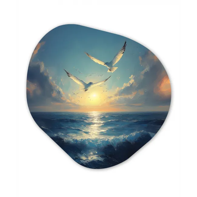 Meeuwen - Zee - Wolken -Blauw Wandcirkel Organisch Forex 3mm middel -3d