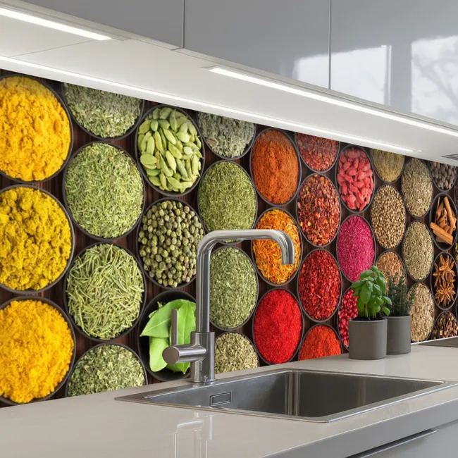 Küchenrückwand - Kräuter - Schalen - Farbenfroh - Textur