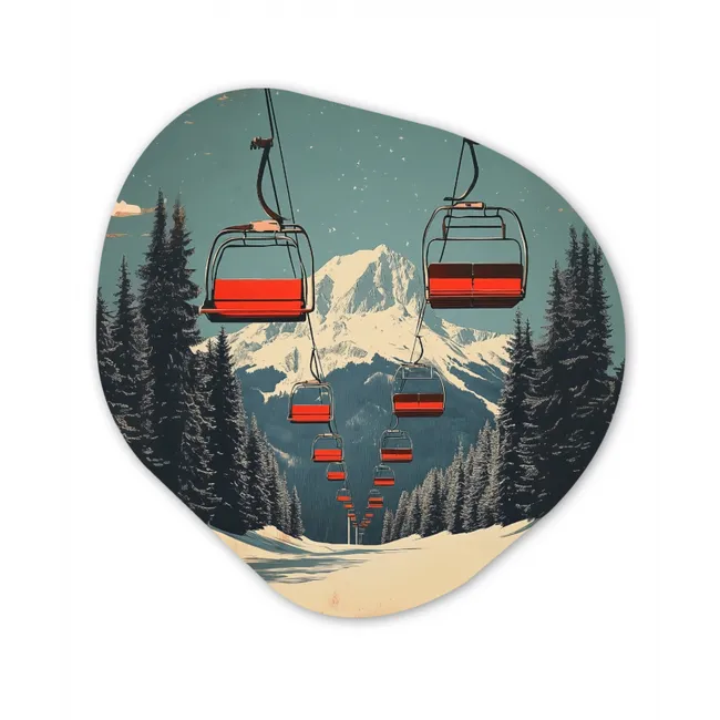 Sneeuw - Skilift - Rood - Bomen Wandcirkel Organisch Forex 3mm klein -3d