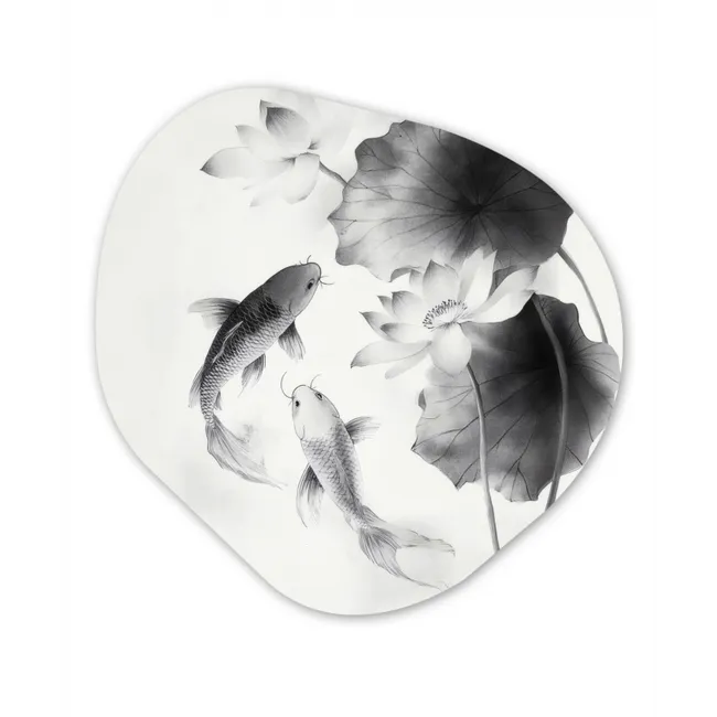 Lotusbloemen - Vissen - Bladeren - Zwart Wandcirkel Organisch Forex 3mm middel -3d