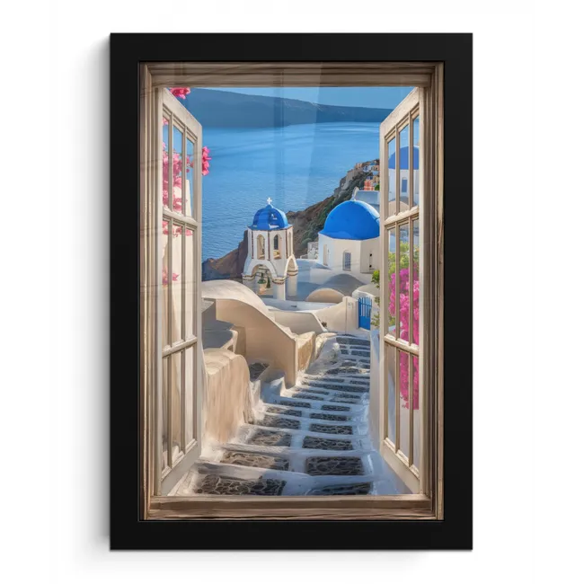 Doorkijk - Santorini - Landschap - Blauw - Grieks fotolijst zwart zonder passe partout klein -3d