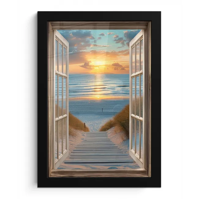 Doorkijk - Strand - Pad - Zonsondergang fotolijst zwart zonder passe partout klein -3d
