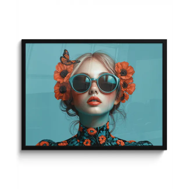 Vrouw - Blauw - Vlinder - Bloemen - Aesthetic fotolijst zwart zonder passe partout middel -3d