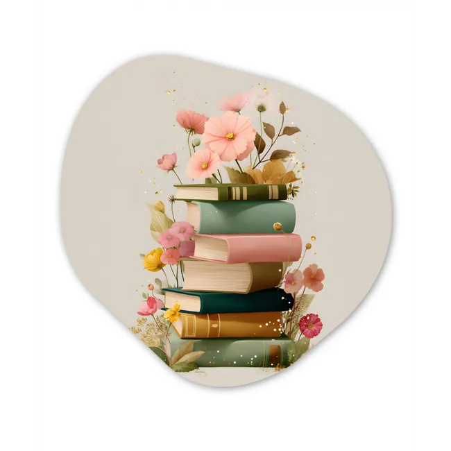Boeken - Stapel - Bloemen - Kleurrijk Wandcirkel Organisch Forex 3mm klein -3d