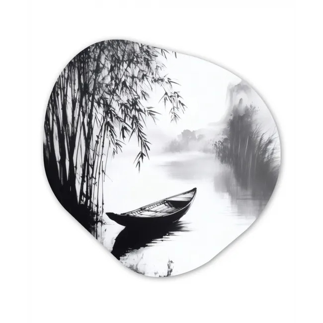 Boot - Rivier - Bamboe - Wit Wandcirkel Organisch Forex 3mm klein -3d