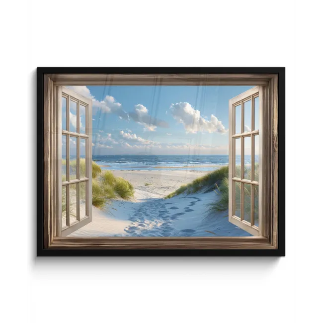 Doorkijk - Strand - Raam - Duinen - Zee fotolijst zwart zonder passe partout middel -3d