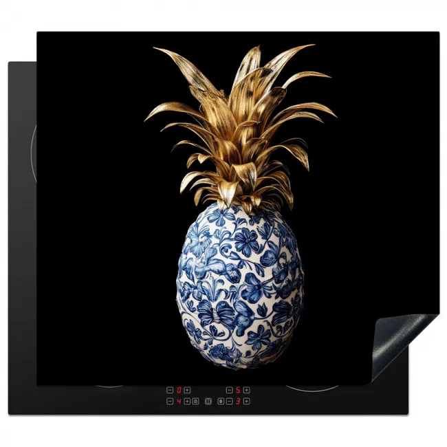 Ananas - Bloemen patroon - Goud - Delftsblauw Inductie beschermer vinyl 3mm middel -3d