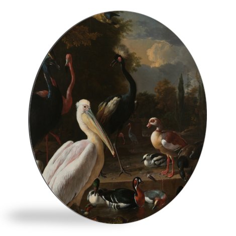 Runde Bilder - Ein pelikan und andere vögel in der nähe eines wasserbeckens - Gemälde von Melchior d'Hondecoeter