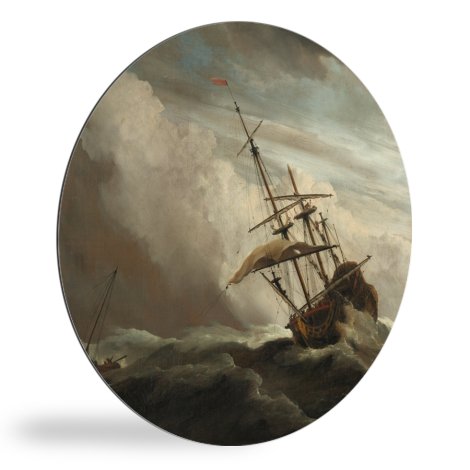 Runde Bilder - Ein Schiff auf See in einem fliegenden Sturm - Gemälde von Willem van de Velde