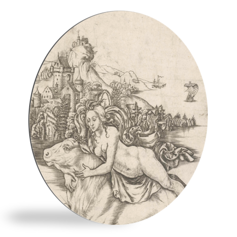Runde Bilder - Entführung von Europa auf dem Rücken von Jupiter in Form eines Stiers - Gemälde von Meister IB mit dem Vogel