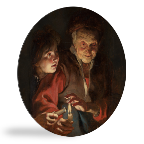Runde Bilder - Alte Frau und Junge mit Kerzen - Gemälde von Peter Paul Rubens
