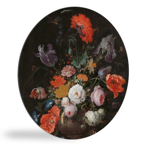 Runde Bilder - Stilleben mit Blumen und einer Uhr - Gemälde von Abraham Mignon