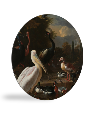 Runde Bilder - Ein pelikan und andere vögel in der nähe eines wasserbeckens - Gemälde von Melchior d'Hondecoeter
