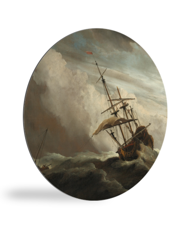 Runde Bilder - Ein Schiff auf See in einem fliegenden Sturm - Gemälde von Willem van de Velde