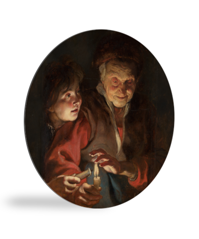 Runde Bilder - Alte Frau und Junge mit Kerzen - Gemälde von Peter Paul Rubens