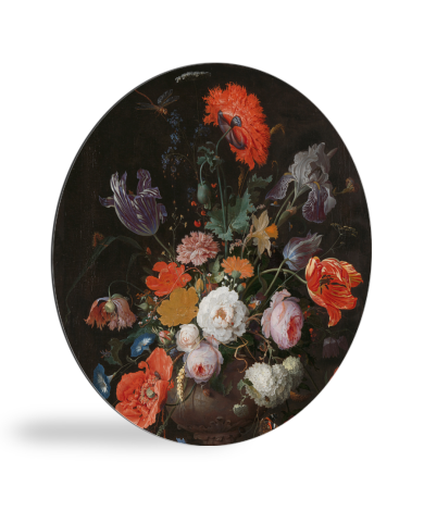 Runde Bilder - Stilleben mit Blumen und einer Uhr - Gemälde von Abraham Mignon