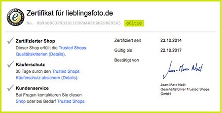 TrustedShops Gütesiegel Zertifikat