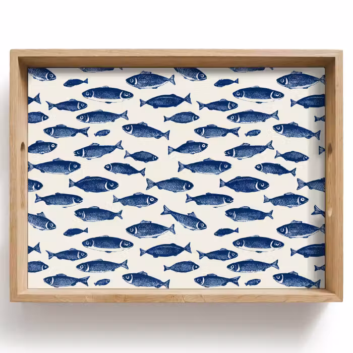 Tablett - Fisch - Muster - Blau - Weiß