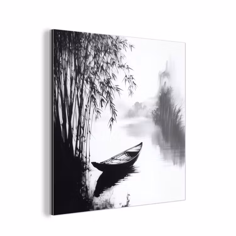 Alu-Dibond-Bild - Boot - Fluss - Bambus - Weiß — 1