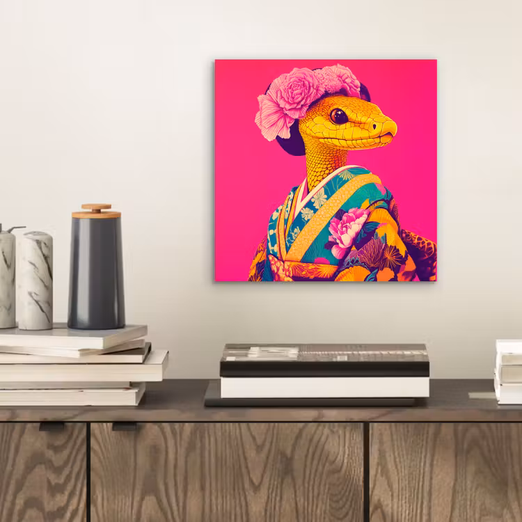 Alu-Dibond-Bild - Eidechse - Blumen - Rosa - Kimono — 2